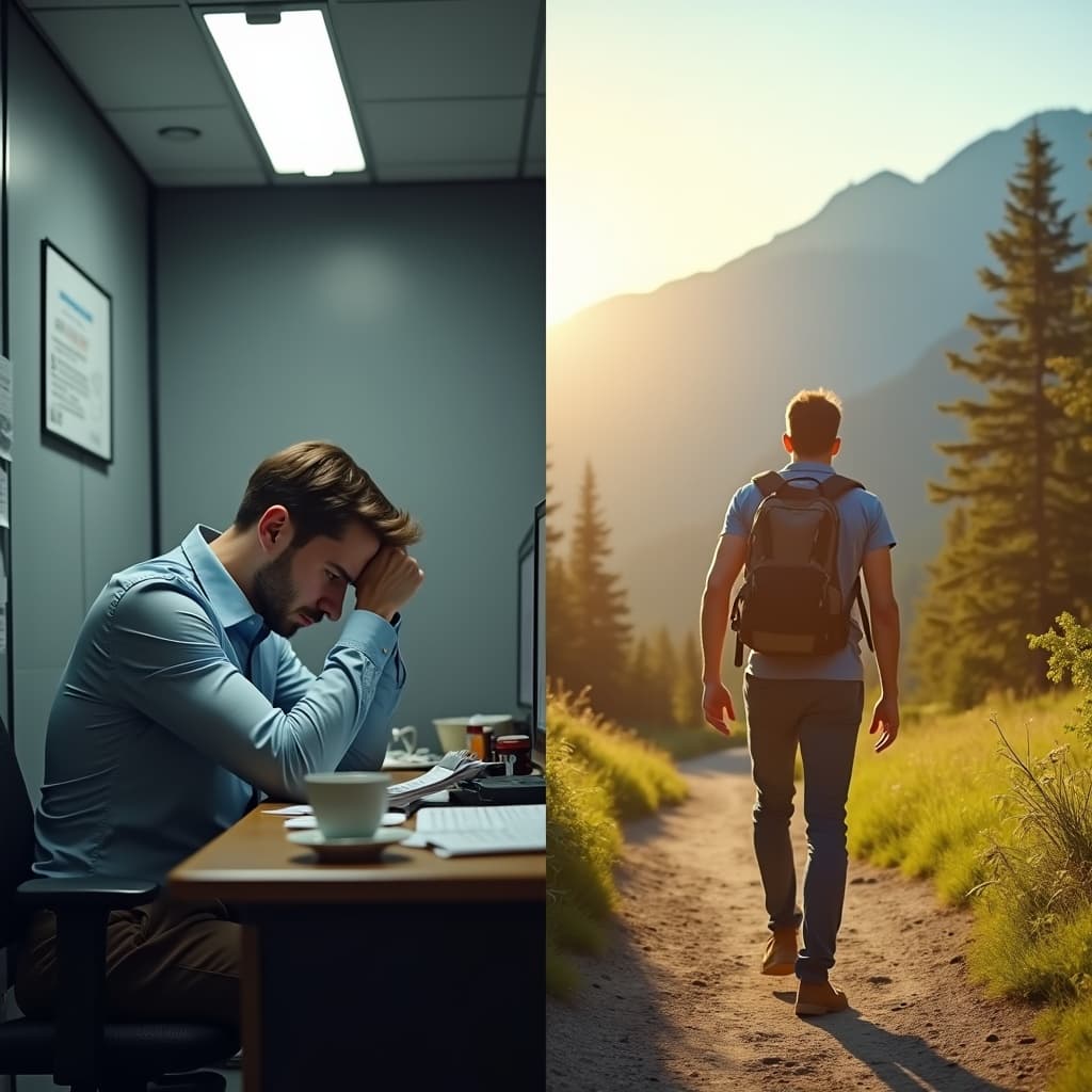 Left: a man frustrated in a grey office cubicle. Right: the same man hiking outdoors with a backpack and a smile.